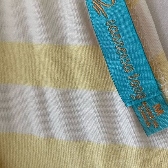 Yellow & Cream Striped Stretch Deep V MIDI Dress M - Picture 4 of 8